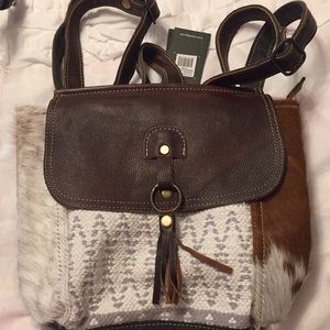 NWT Myra book bag, approx 12x9x4, mixed textiles.